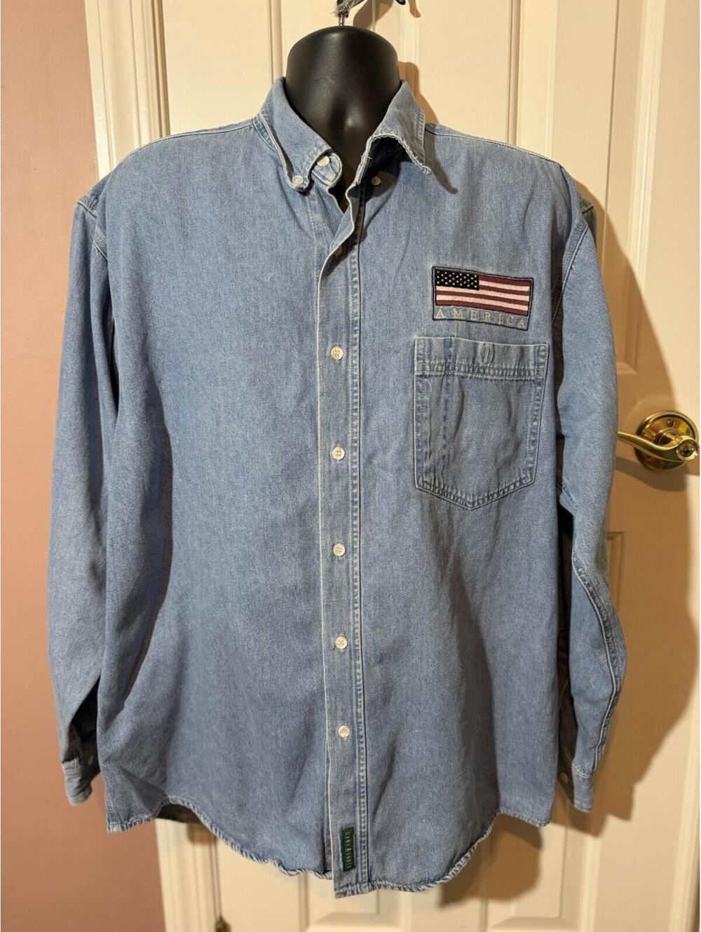 Camp David Mens XL Denim Shirt Embroidered American Flag America Vintage 90s
